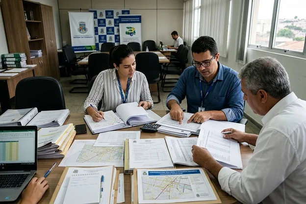 Profissionais discutindo detalhes da licitação de transporte em ambiente de trabalho.